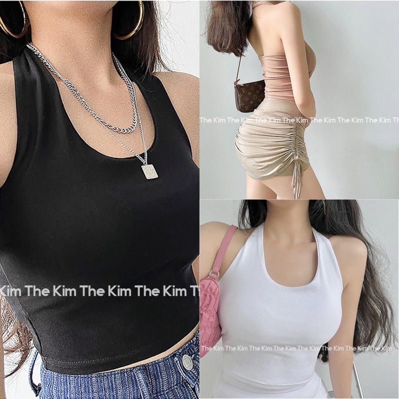 [Ảnh thật/Video]Áo croptop dây cổ yếm thể thao Áo Croptop hai dây hở lưng sang chảnh
