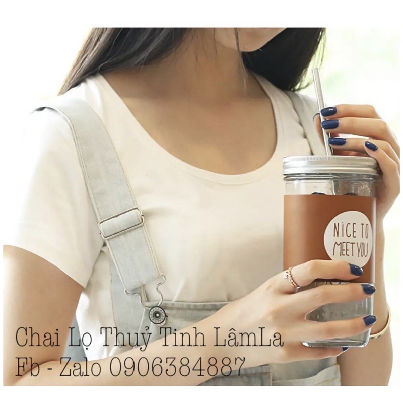 Cốc Ly Thuỷ Tinh Trà Sữa Mứt JD Nắp Nhôm 650ml | Ống Hút Thẳng Innox 304 | Cọ Rửa Ống Hút Innox