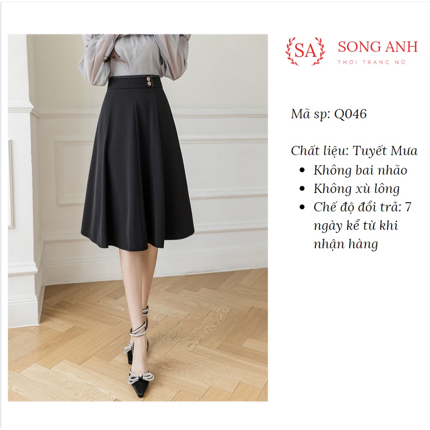 Chân Váy Dài Dáng Váy Midi, Chân Váy Dài Qua Gối Chất Vải Tuyết Mưa Công Sở Lưng Cao Phối Cạp