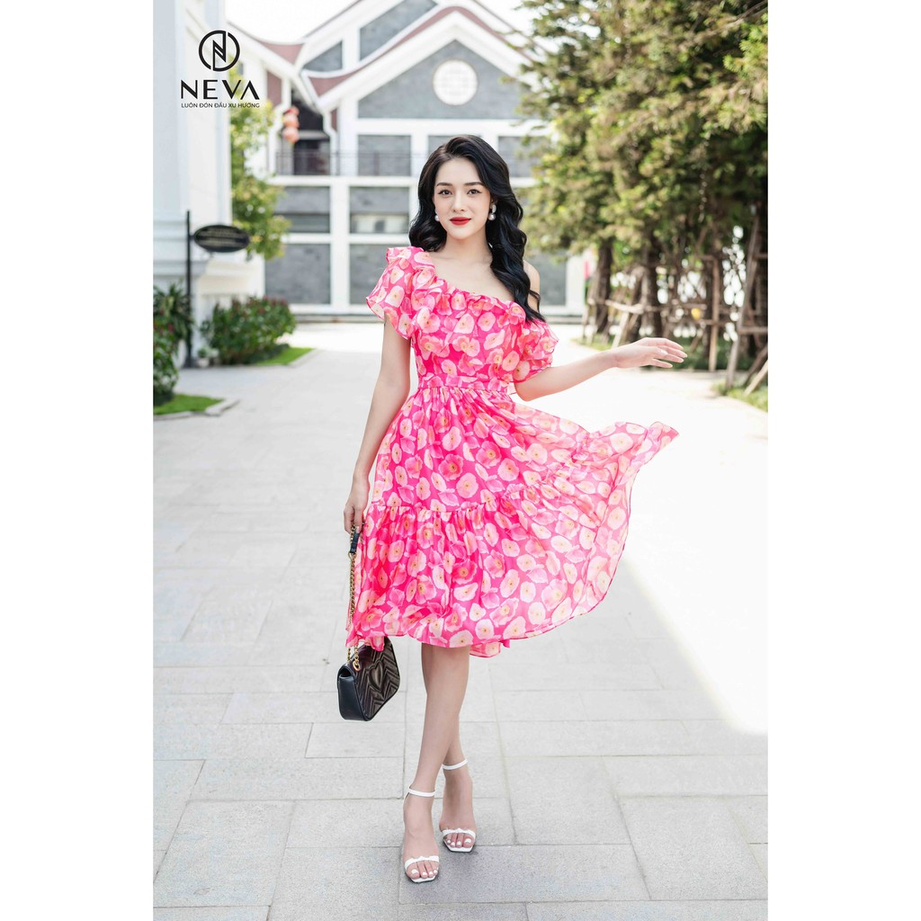 Đầm midi NEVA lệch vai in hoa poppy hồng W430296