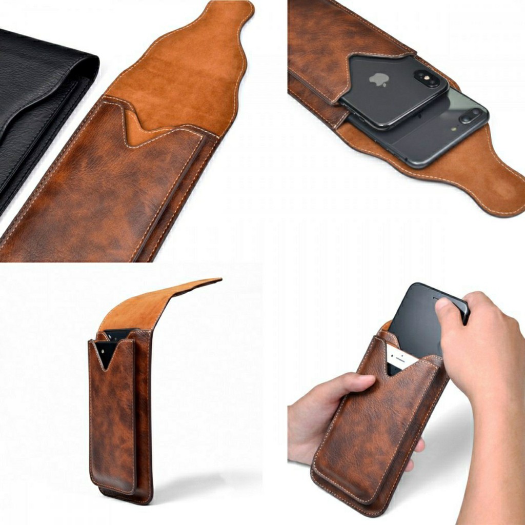 Túi puloka 2 ngăn đeo hông thắt lưng loại đứng cho điện thoại chất liệu da PU cao cấp