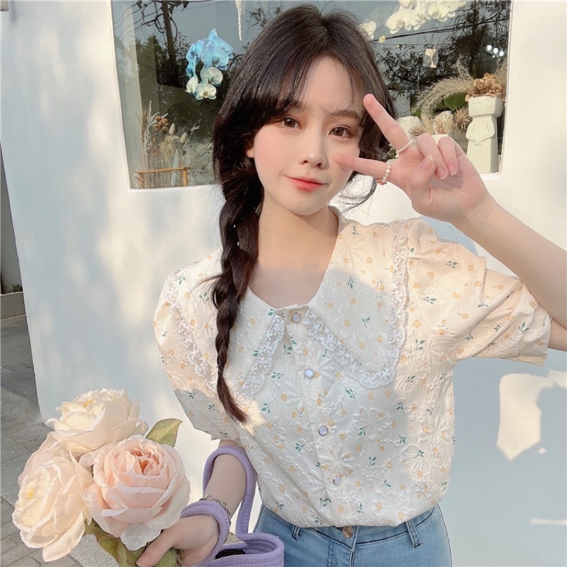 Áo Tay Bồng Hoa Nhí Phong Cách Pháp Nhẹ Nhàng Size XS S M