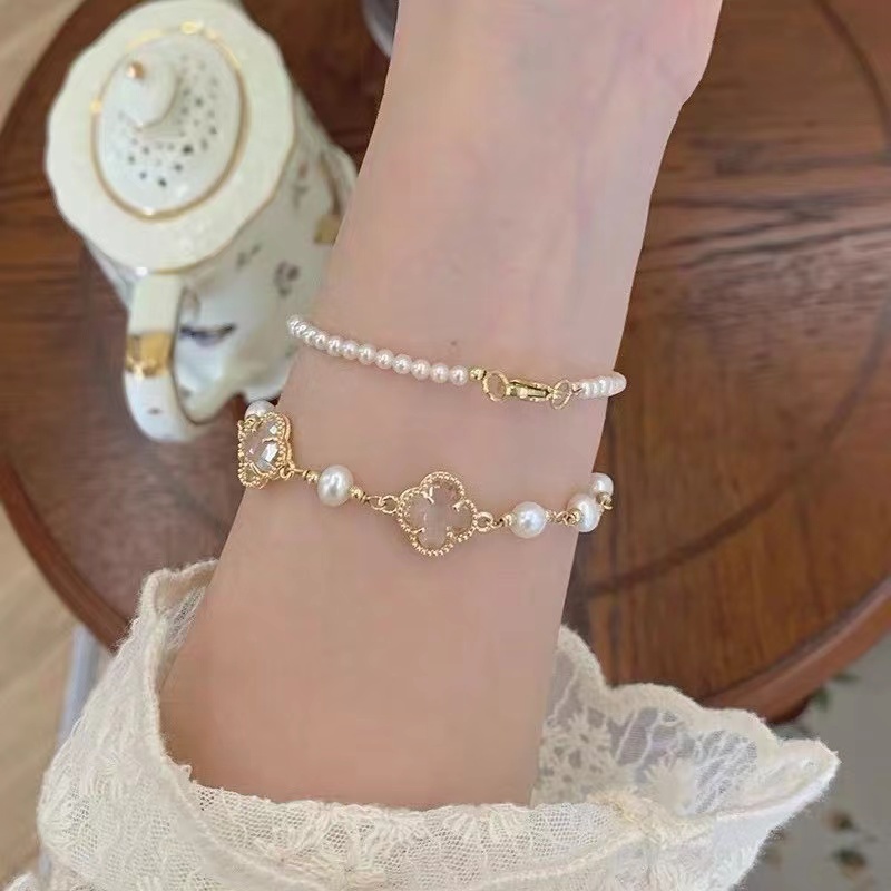 Vòng Đeo Tay Hai Lớp Bốn Lá Cỏ Bốn Lá Đính Ngọc Trai Phong Cách Nhật Bản Cổ Điển Thanh Lịch Đơn Giản