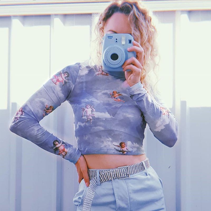 Áo Croptop Tay Dài Cổ Giả In Hình Thiên Thần Tình Yêu Màu Sắc Lãng Mạn Thời Trang Mùa Hè Cho Nữ
