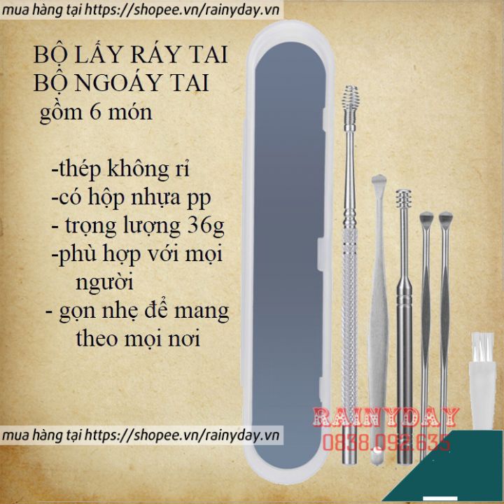 Bộ lấy ráy tai, bộ dụng cụ ngoáy tai 6 món chuyên nghiệp vệ sinh tai cho bé trẻ em bằng inox