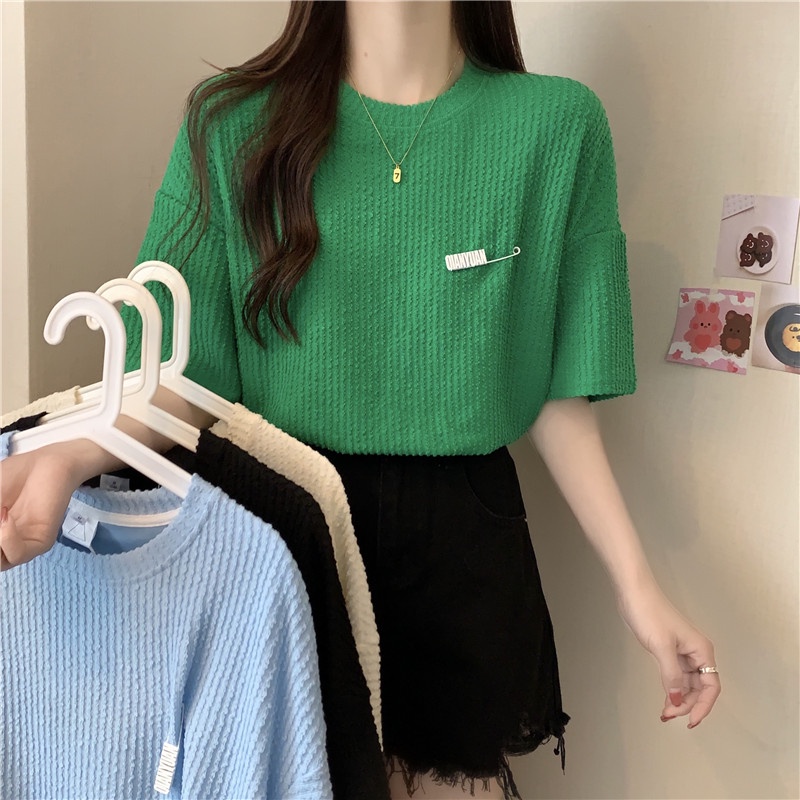 SUXI Áo thun tay ngắn cổ tròn màu sắc đơn giản dành cho nữ