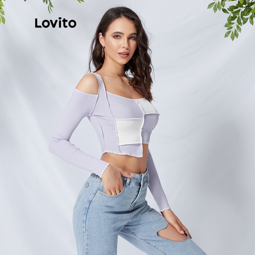  Áo croptop Lovito trễ vai họa tiết kẻ sọc dễ phối đồ L09060 | WebRaoVat - webraovat.net.vn