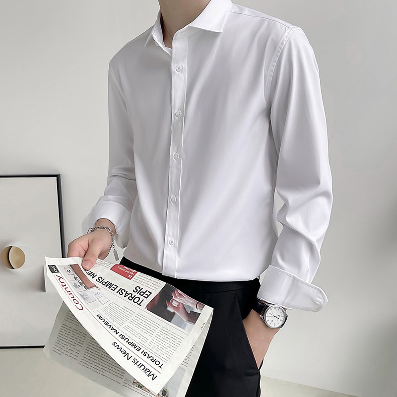 Áo sơ mi nam nữ dài tay Unisex Basic TRƠN Form Slim màu trắng Chất cotton lụa mịn mát