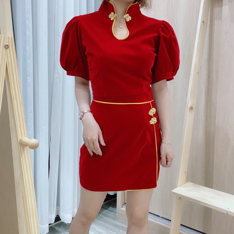 SET CROPTOP NHUNG ĐỎ CỔ TÀU VIỀN VÀNG [ ảnh thật shop tự chụp ] chất đẹp hàng chuẩn Shop | BigBuy360 - bigbuy360.vn