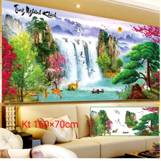 Tranh đính đá phong cảnh thiên nhiên giao hòa tùng nghênh khách (bức tranh 4 mùa) kt 160-70cm