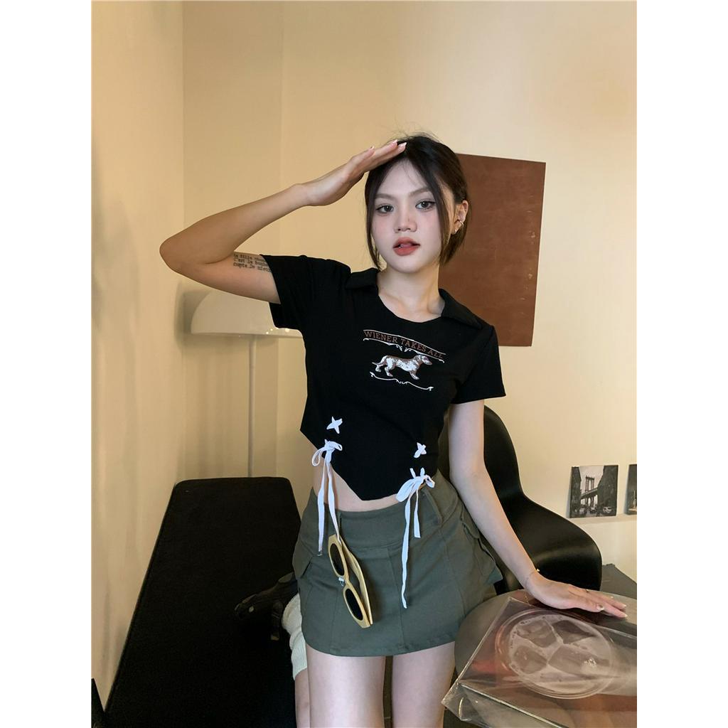 Áo polo Ngắn Ôm Eo In Họa Tiết Kiểu Mỹ 3 Màu Tùy Chọn