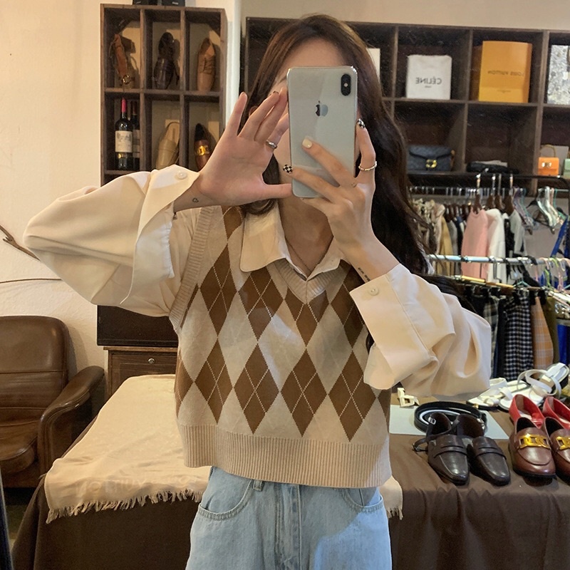 Áo gi-lê hình thoi 2 màu không tay cực xinh