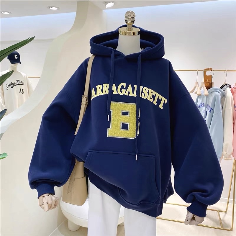 Áo hoodie vải nỉ Lót Bông Dày Dặn Thêu B Unisex Form Rộng