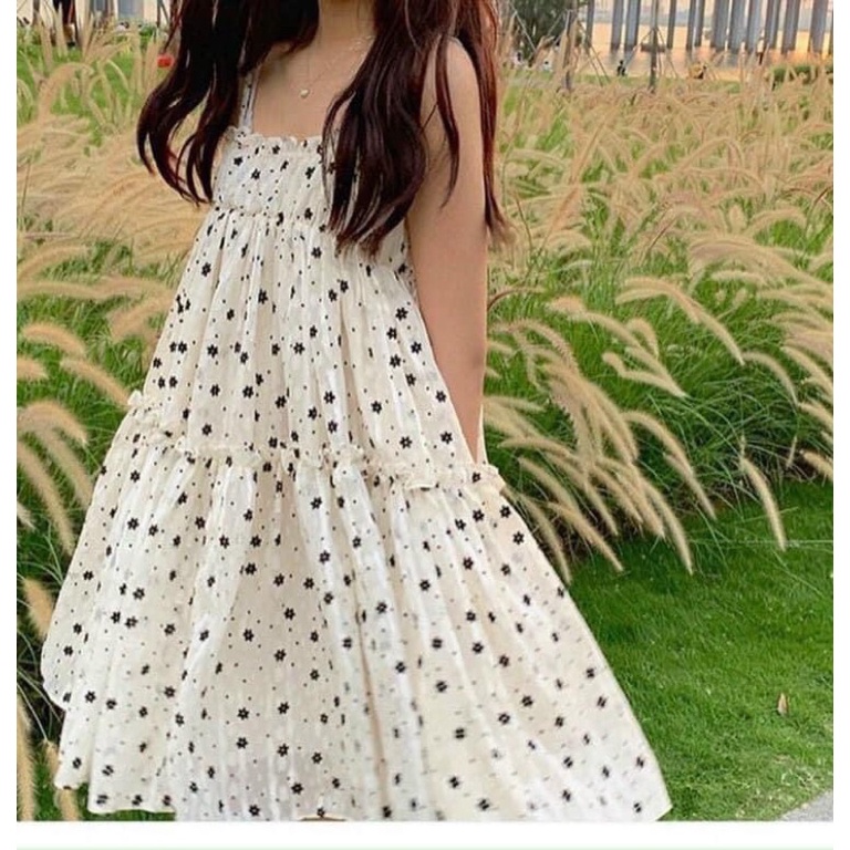 Set 2 món váy 2 dây hoa nhí kèm áo khoác cardigan dài tay