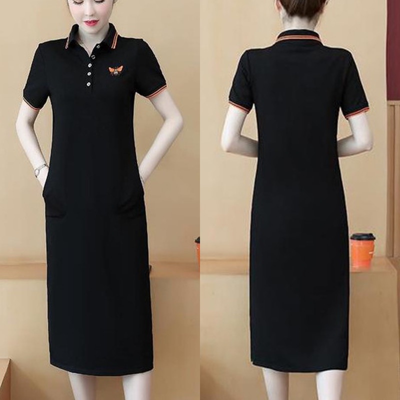 Đầm thun suông cổ Polo, ngắn tay, 2 túi hông tiện lợi