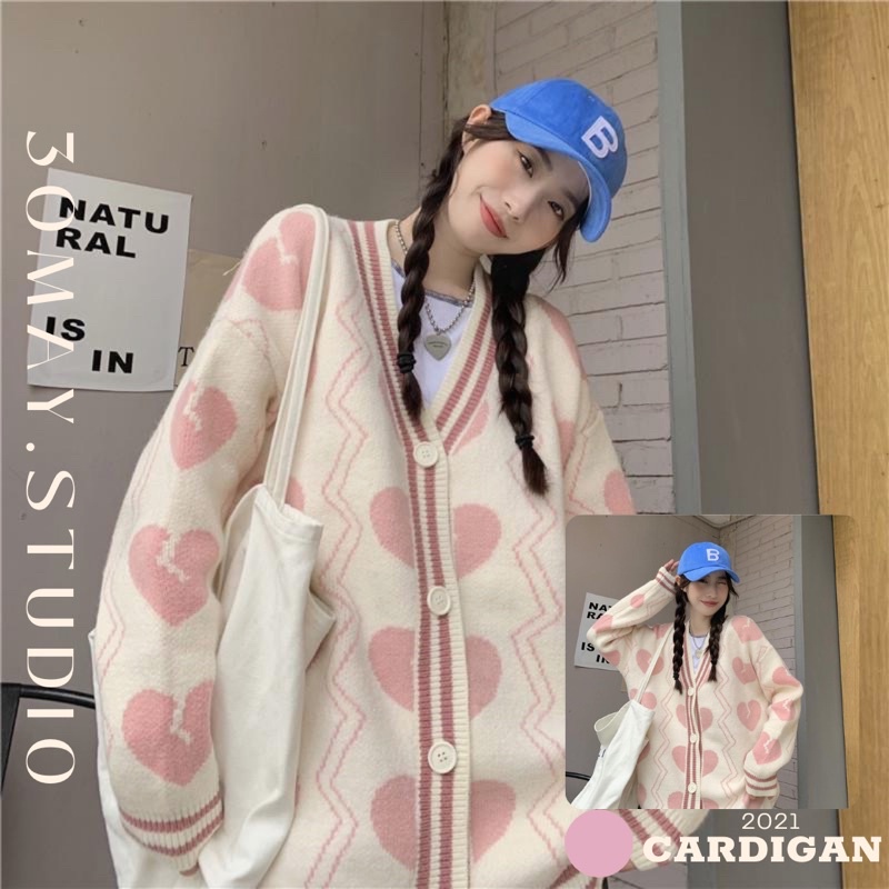 Áo khoác cardigan len hoạ tiết trái tim xinh xắn viền hồng ulzzang mùa thu Hàn Quốc