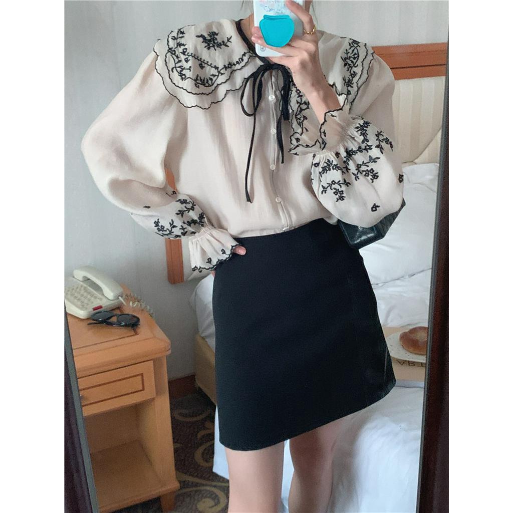 Áo Sơ Mi Dài Tay Họa Tiết Thêu Phong Cách Retro Hàn Quốc 56360 2 Màu