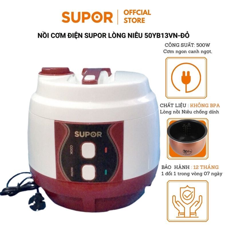 NỒI CƠM ĐIỆN LÒNG NIÊỦ Supor 1.8L CFXB50YB13VN đỏ phối trắng hàng chính hãng bảo hành 12 tháng