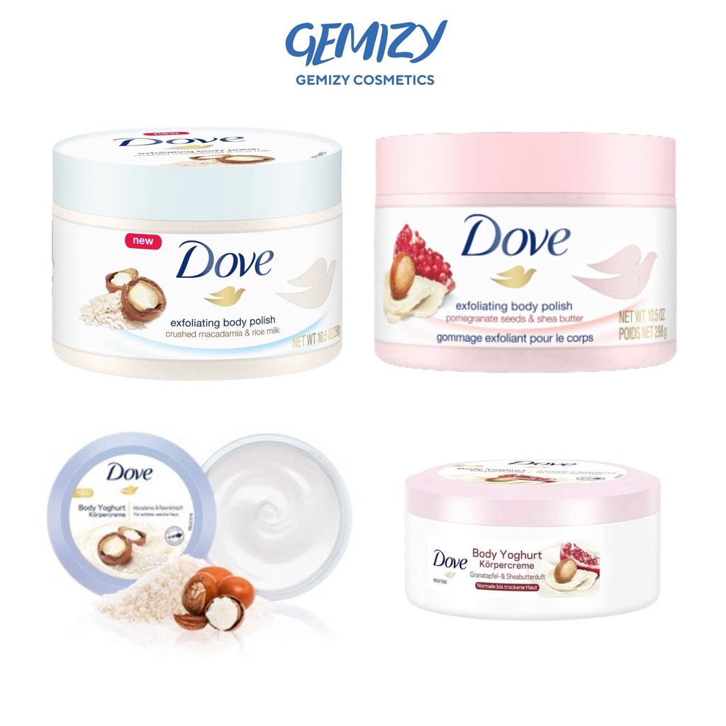 Tẩy da chết &amp; dưỡng thể Dove Đức &amp; Mỹ macca, lựu, lavender, tẩy da chết body - Gemizy Shop