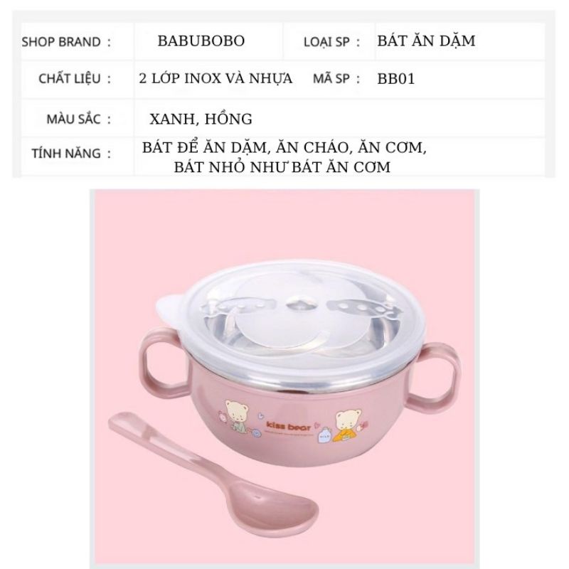 Bát ăn dặm inox 2 lớp chống nóng kèm thìa và nắp