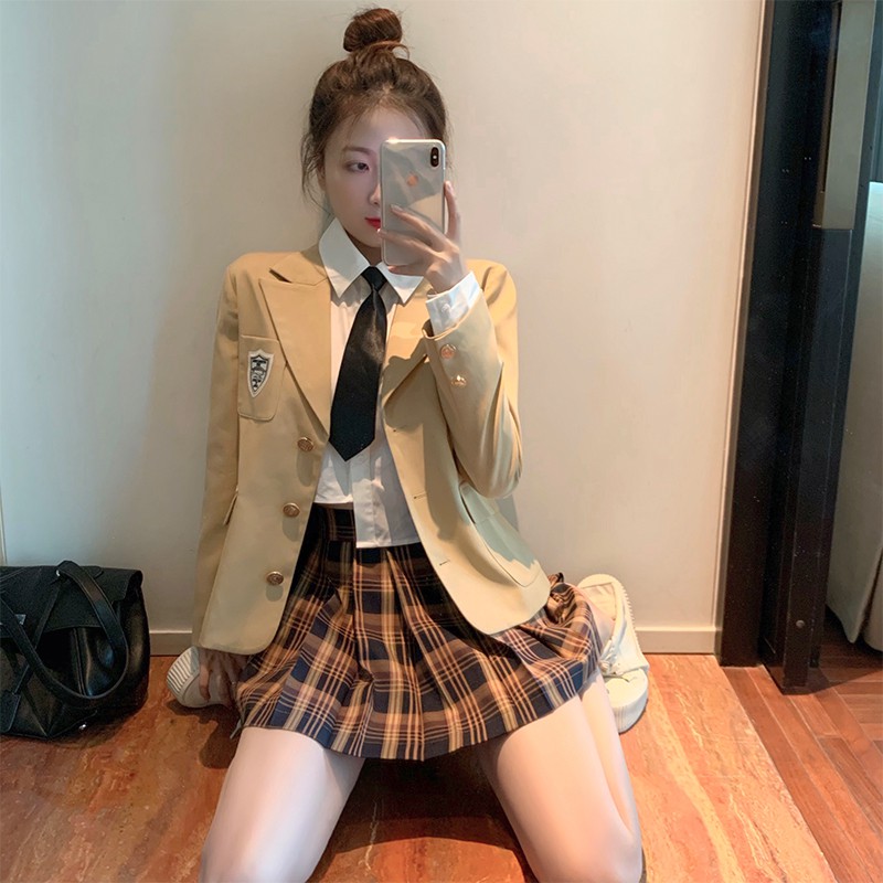 Set váy xếp ly kẻ sọc +Áo vest trơn màu phong cách Hàn Quốc | BigBuy360 - bigbuy360.vn