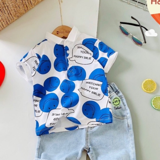 Áo bé trai cổ trụ thun in hình mặt cười size 2,3,4