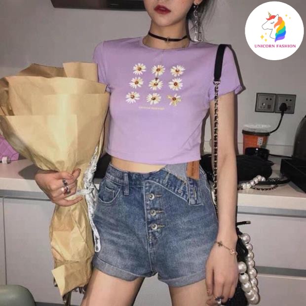 Áo Croptop Tay Ngắn In Hình Hoa Cúc Họa Mi Trắng Đen Tím DRACR83 Mys Unicorn Fashion