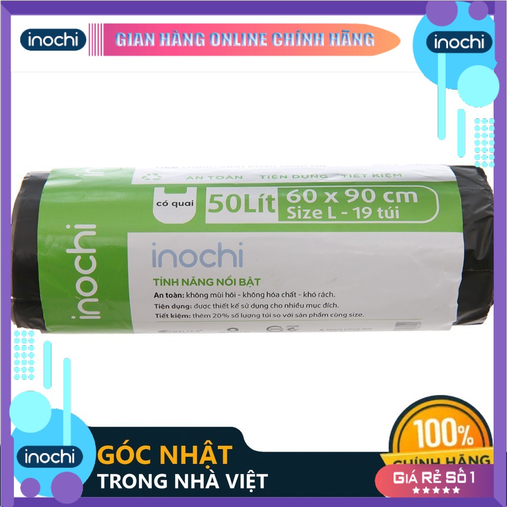 Túi Rác Tự Huỷ Inochi Có Quai Tiện Dụng 50L-Dạng Cuộn Màu Đen -Dài Hơn 20% So Với Sản Phẩm Cùng Size