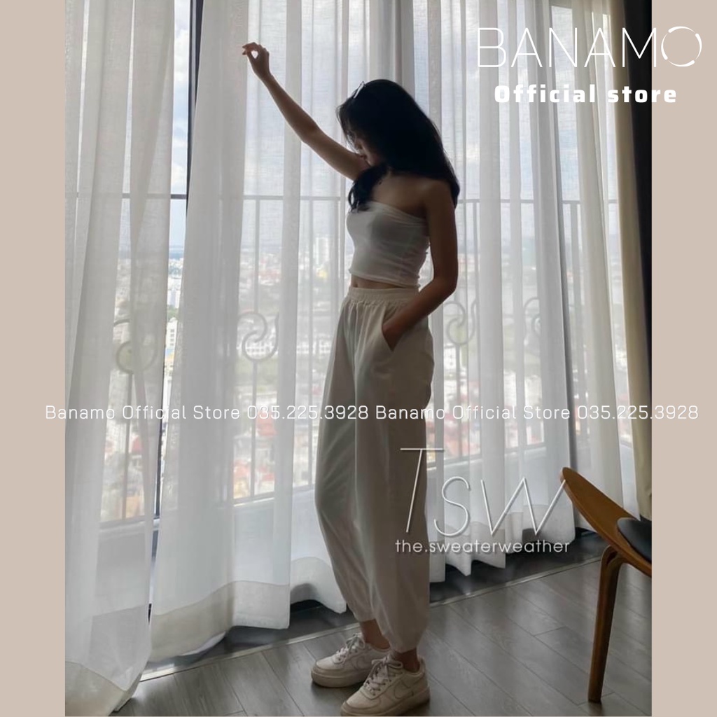 Quần jogger nữ bo gấu vải đũi xước siêu mát Quần bo ống nữ mùa hè Banamo Fashion 826