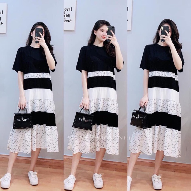 Combo Đầm maxi suông phối sọc bi