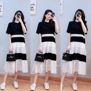 Combo Đầm maxi suông phối sọc bi