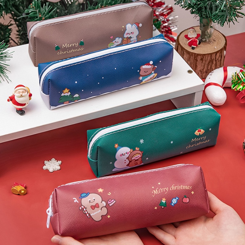 1 Túi Đựng Bút Bằng Da Pu In Họa Tiết Giáng Sinh Dễ Thương Sức Chứa Lớn