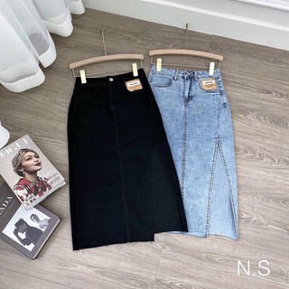 Chân váy jeans dài sẻ hot
