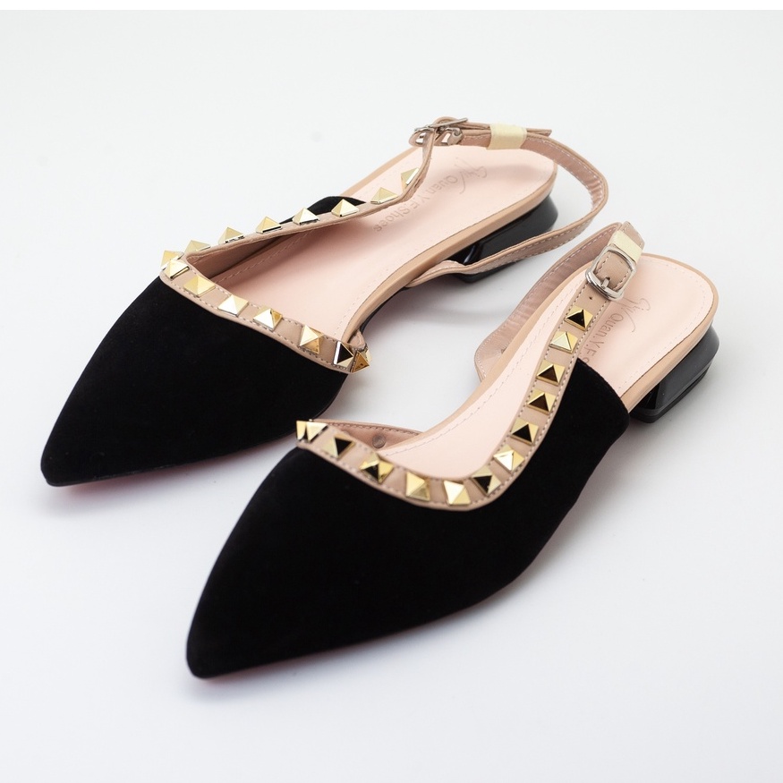Giày búp bê Anh anh shoes mũi nhọn nhung đế bằng đinh tán khoét eo BB002