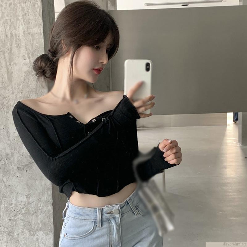 Áo Croptop dệt kim tay dài màu sắc thanh lịch