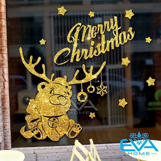 Decal Dán Tường Dán Kính Trang Trí Noel Mẫu Chú Gấu Tuần Lộc Nhũ Vàng Đón Giáng Sinh XL6613 M2057