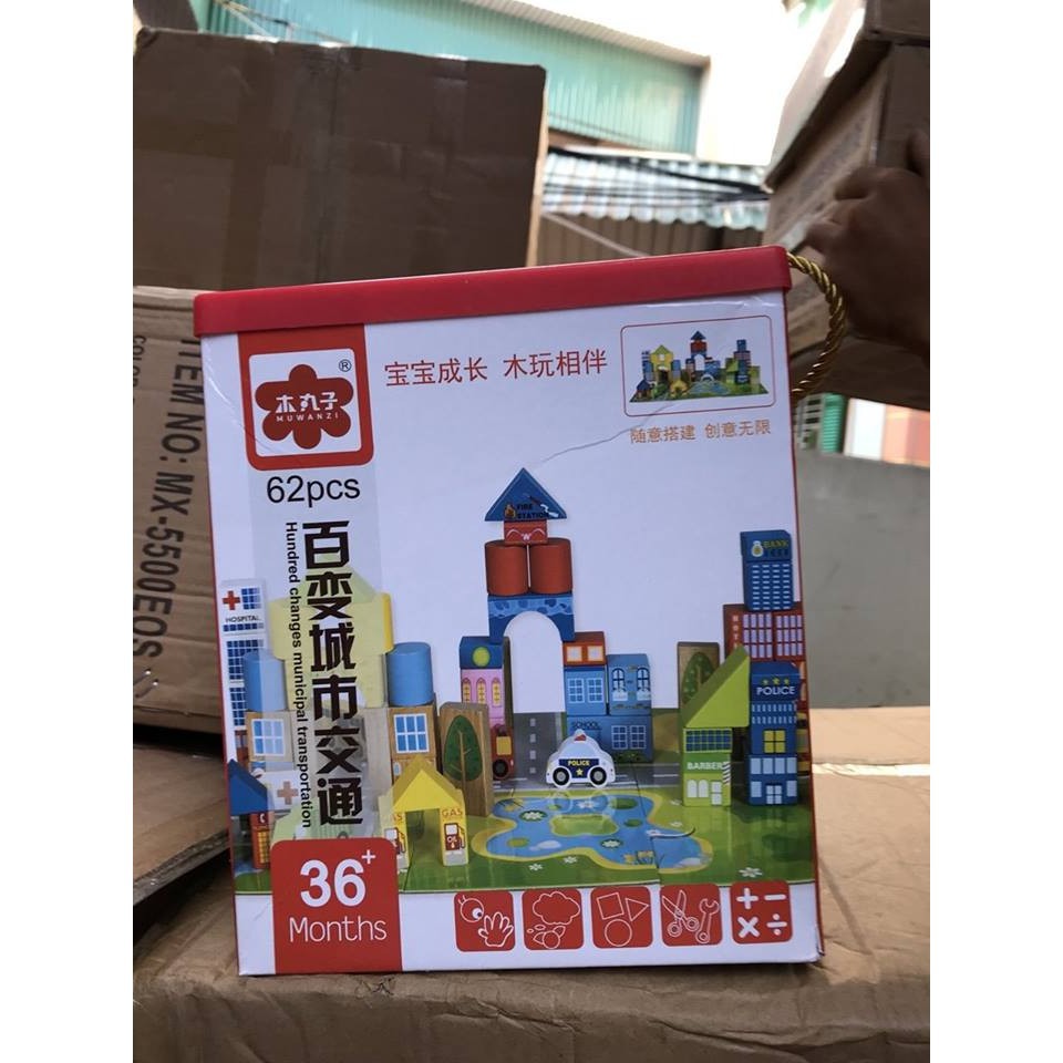 [Hot]-[ Siêu Khuyến Mại] - Bộ Đồ Chơi Lắp Ghép Mô Hình Thành Phố 62 Chi Tiết Bằng Gỗ