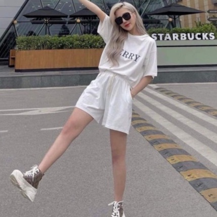 Set thun merry form basic unisex ⚡ Casper.Store | FREESHIP | ⚡ combo áo phông in chữ cổ tròn dáng rộng kèm quần short nữ