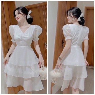 Đầm váy dự tiệc trắng nhúng ngực 3 tầng sang chảnh đi tiệc