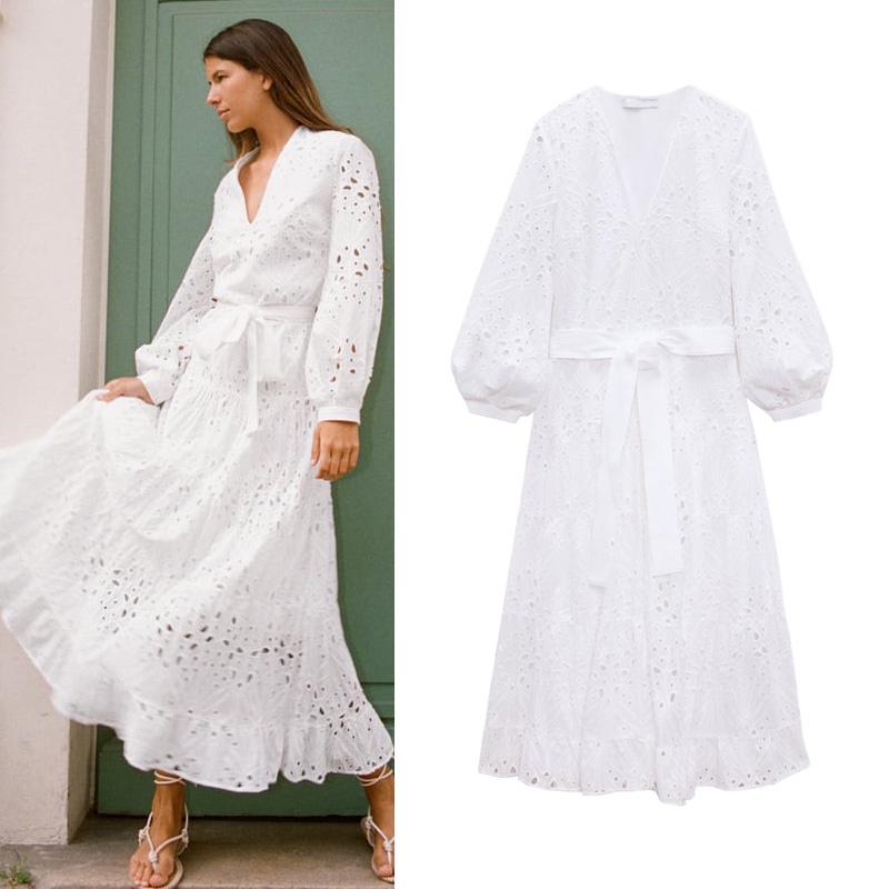 Zara Đầm MIDI Dáng Chữ A Xòe Xếp Tầng Màu Trắng Thêu Họa Tiết Thời Trang Mùa Hè Xinh Xắn Cho Nữ 3575919)