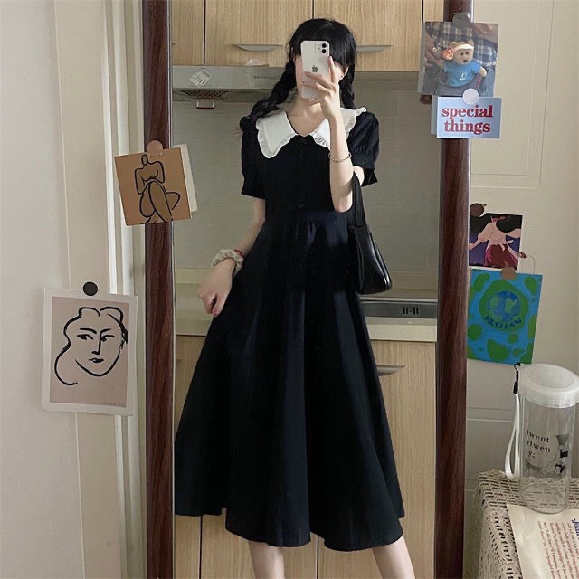 Váy búp bê Babydoll dáng dài tay ngắn thiết kế cổ Pháp siêu đẹp