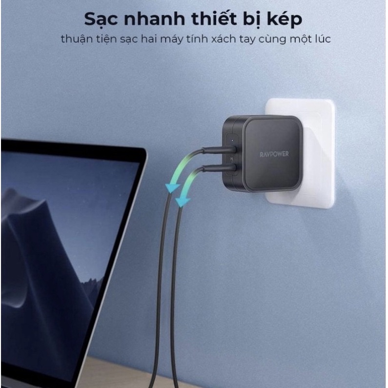 Củ sạc 2 cổng type C RAVpower PD 3.0 90W: Model RP - CPCN001 (công nghệ GaN) Kèm cáp C to C 5A-1.5M