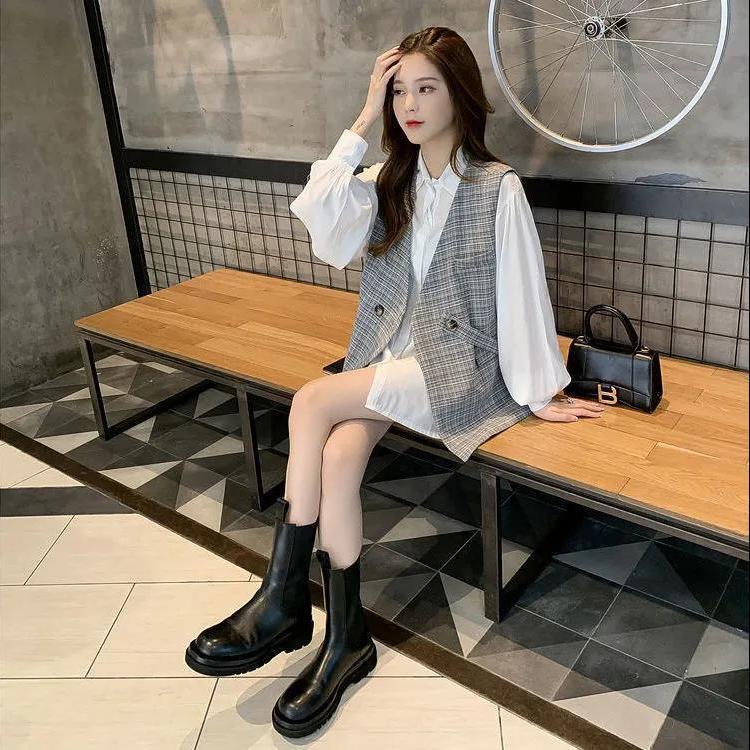 Set Áo Sơ Mi Trắng Tay Dài Kẻ Sọc + Áo Khoác Sát Nách Thời Trang Xuân Thu Mới 2021