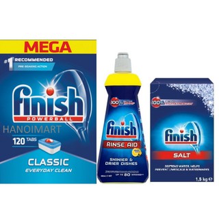 Combo 120 Viên rửa bát Finish+ Nước làm bóng Finish 400ml +muối rửa chén finish 1,5kg