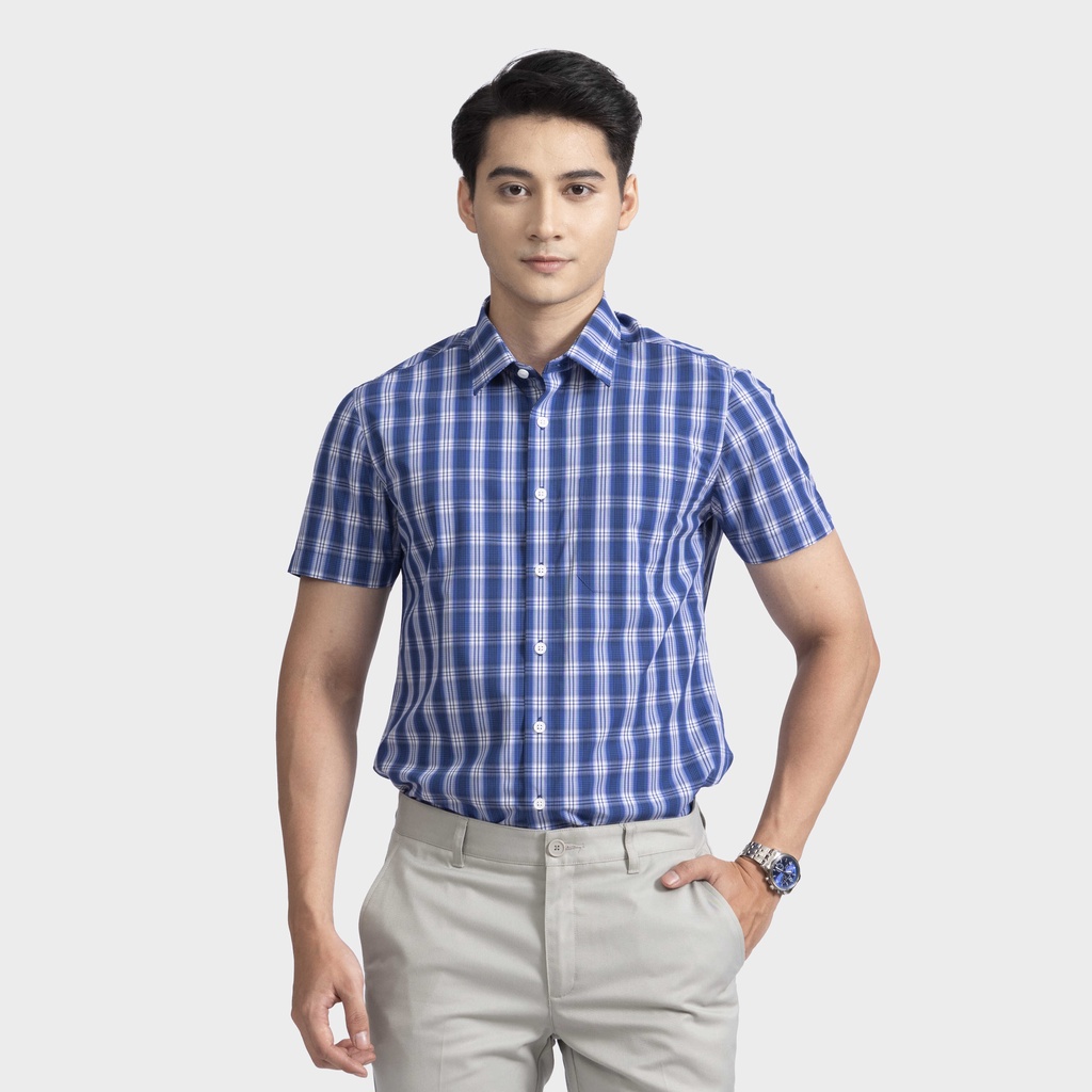 [MẪU MỚI] Áo sơ mi nam ngắn tay ARISTINO họa tiết xanh kẻ trắng nam tính, chỉn chu  - ASS007S2