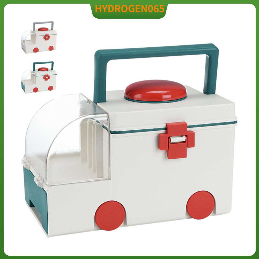 hộp bảo quản thuốc Hộp đựng thuốc Hình dạng dễ thương Xe cứu Hai lớp dung tích lớn có tay cầm di động Hydrogen065