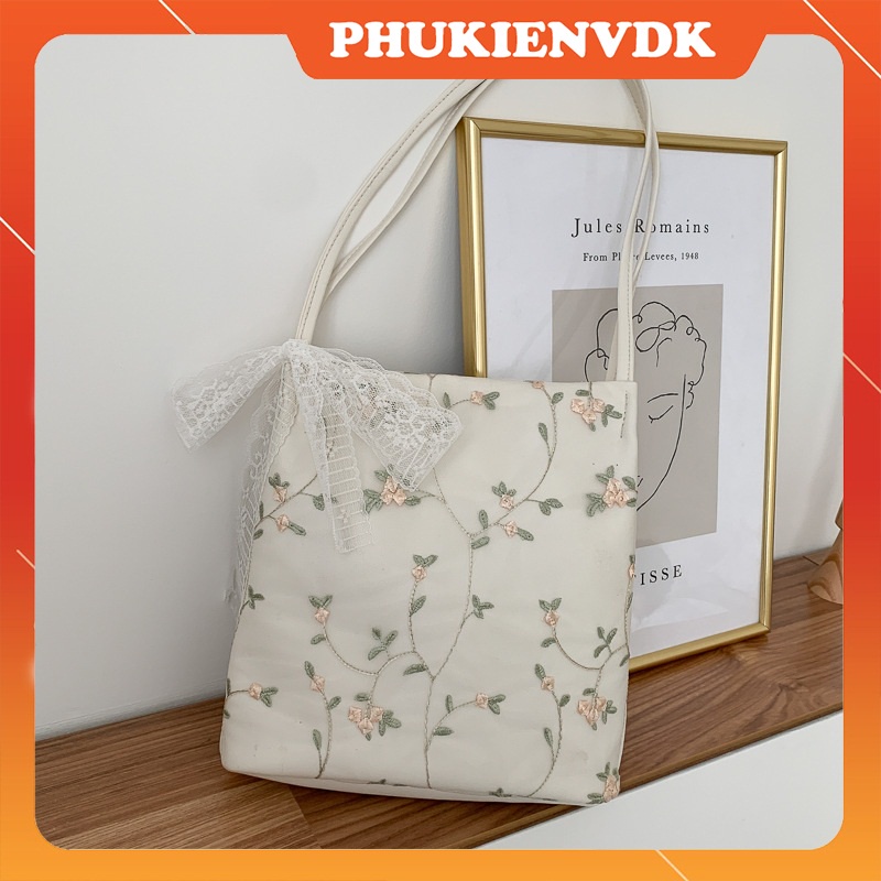 Túi xách nữ túi kẹp nách phối ren hoa đeo vai màu trắng be phong cách Hàn Quốc