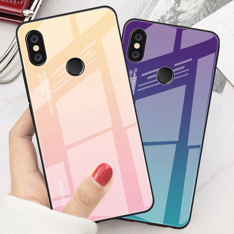 Ốp điện thoại tráng kính cường lực màu gradient thời thượng chống sốc dành cho Xiaomi Redmi Note 7 5 6 Pro