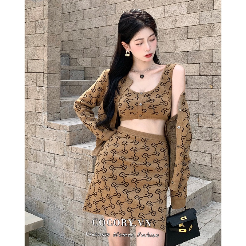 Cocory vn Áo Croptop/Áo Cardigan Dệt Kim Tay Dài/Chân Váy Lưng Cao In Họa Tiết Thời Trang Cho Nữ