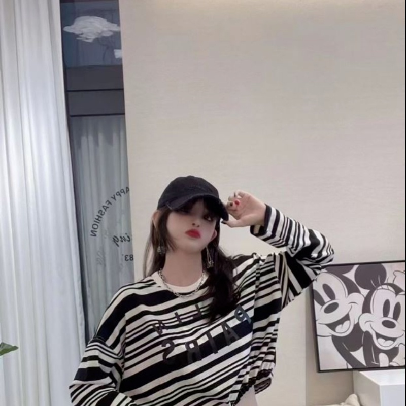 Áo sweater ZHELIHANGFEI tay dài dáng rộng họa tiết sọc ngang dễ phối đồ cho nữ